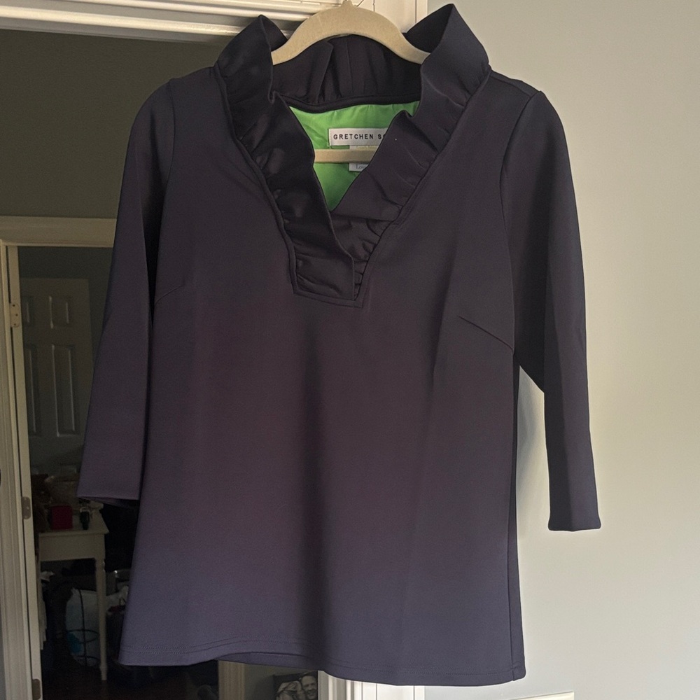 Gretchen Scott Designs Navy Tunic with Ruffled Neckline